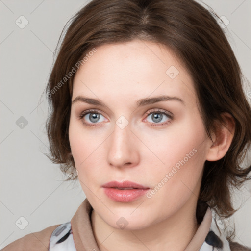 Neutral white young-adult female with medium  brown hair and blue eyes