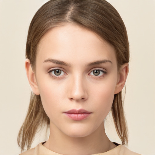 Neutral white young-adult female with medium  brown hair and brown eyes