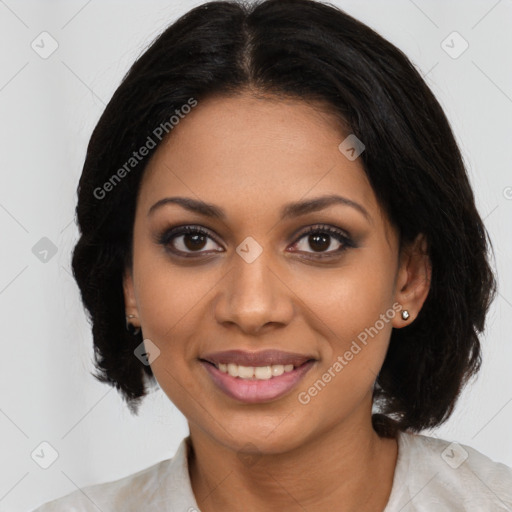 Joyful latino young-adult female with medium  black hair and brown eyes