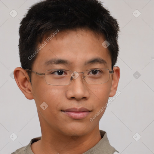 Neutral asian young-adult male with short  brown hair and brown eyes