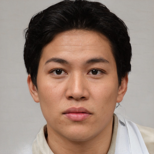 Neutral asian young-adult female with short  brown hair and brown eyes