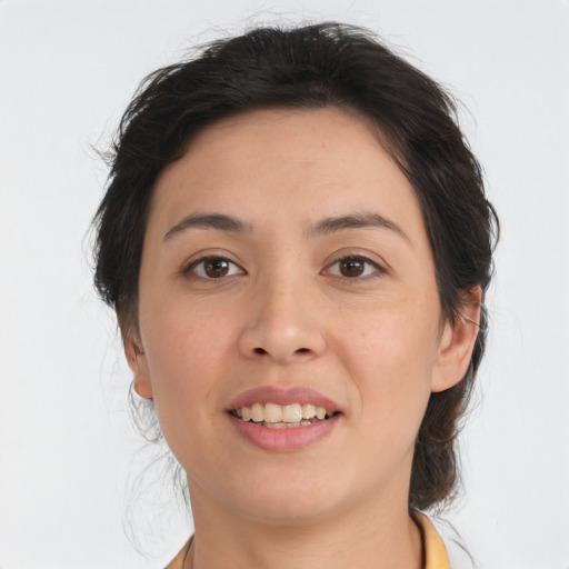 Joyful asian young-adult female with medium  brown hair and brown eyes