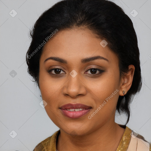 Joyful latino young-adult female with medium  brown hair and brown eyes