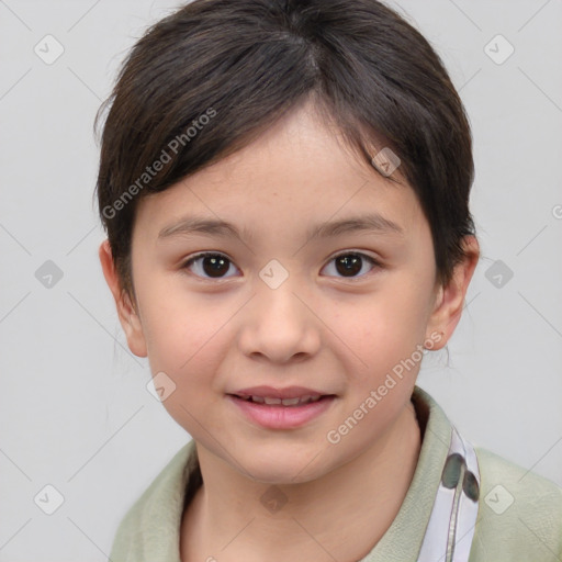 Joyful white child female with medium  brown hair and brown eyes