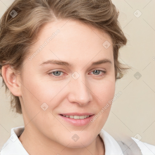 Joyful white young-adult female with medium  brown hair and blue eyes