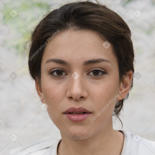 Neutral white young-adult female with medium  brown hair and brown eyes