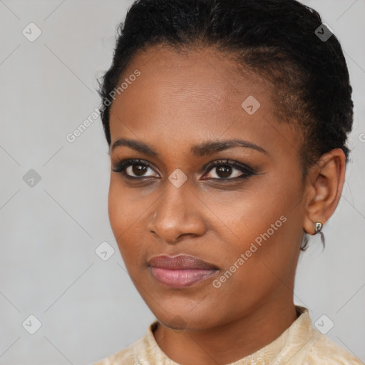 Joyful latino young-adult female with short  brown hair and brown eyes