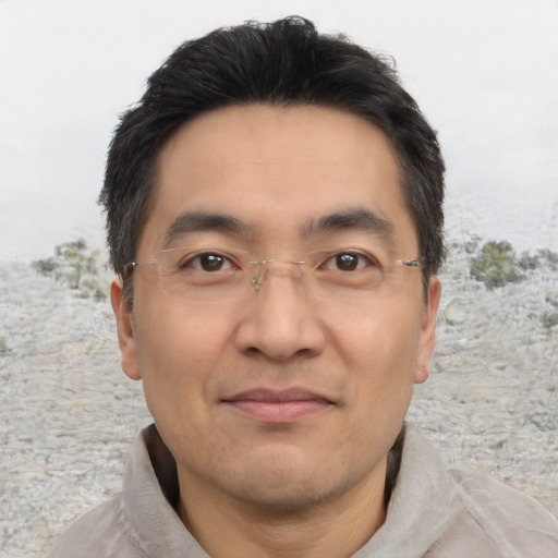 Joyful asian adult male with short  black hair and brown eyes