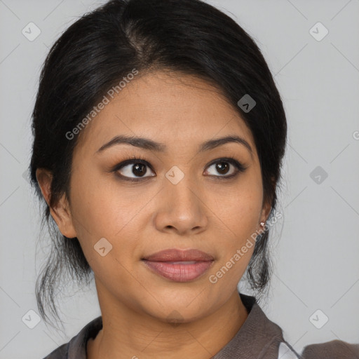 Joyful asian young-adult female with medium  black hair and brown eyes