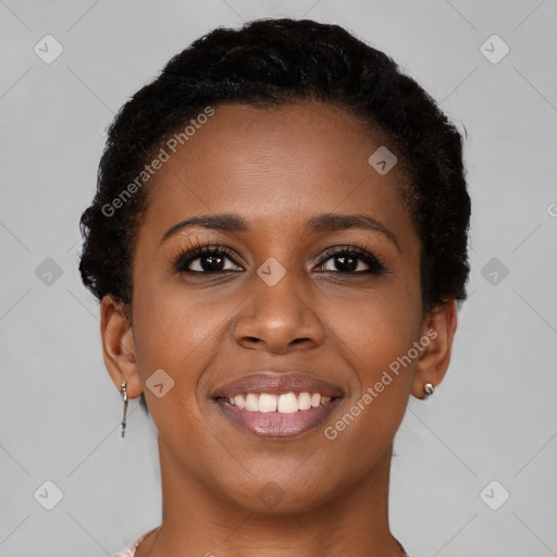 Joyful black young-adult female with short  brown hair and brown eyes