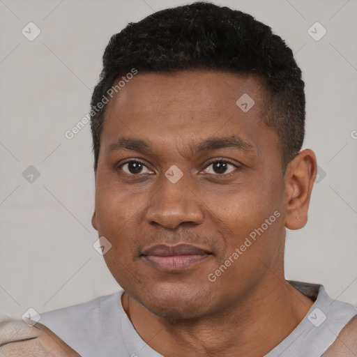 Neutral black young-adult male with short  black hair and brown eyes