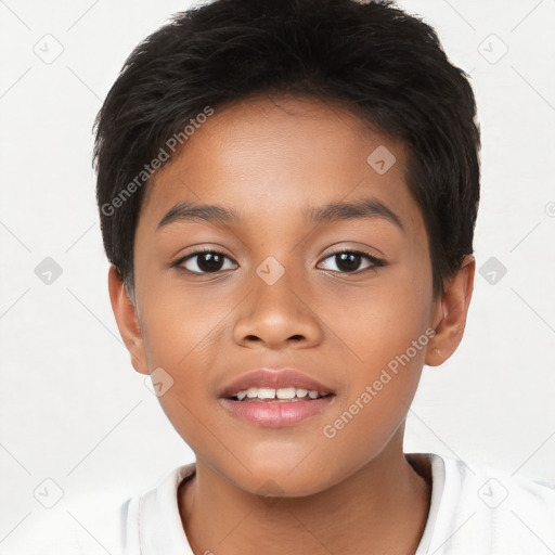 Joyful white child female with short  brown hair and brown eyes