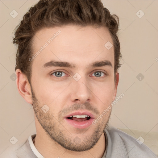 Neutral white young-adult male with short  brown hair and grey eyes