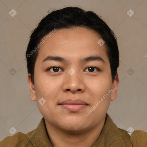 Joyful asian young-adult male with short  brown hair and brown eyes