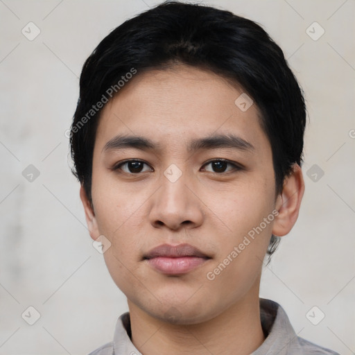 Neutral asian young-adult male with short  black hair and brown eyes