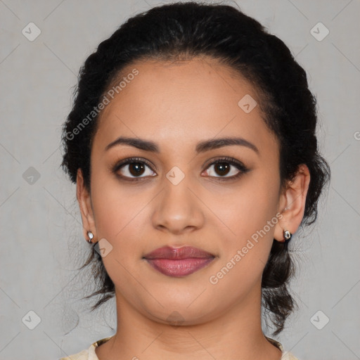 Joyful latino young-adult female with medium  black hair and brown eyes