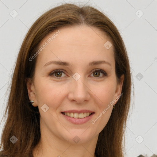 Joyful white young-adult female with long  brown hair and green eyes