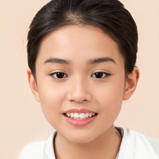 Joyful white child female with medium  brown hair and brown eyes