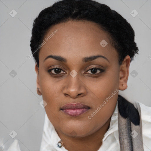 Joyful black young-adult female with short  black hair and brown eyes