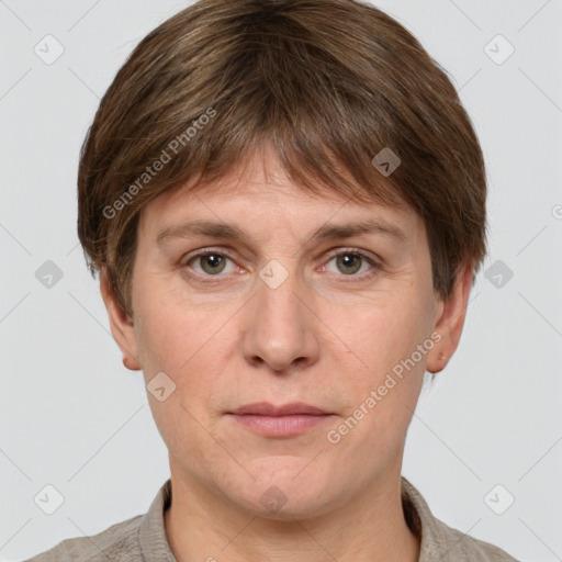 Joyful white adult male with short  brown hair and grey eyes