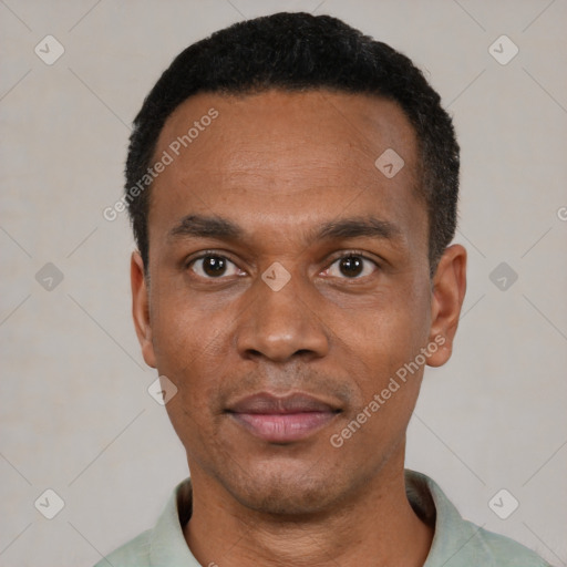 Neutral latino adult male with short  black hair and brown eyes