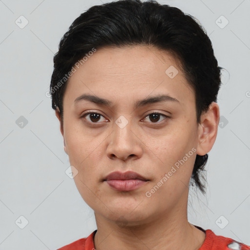 Neutral asian young-adult female with short  black hair and brown eyes