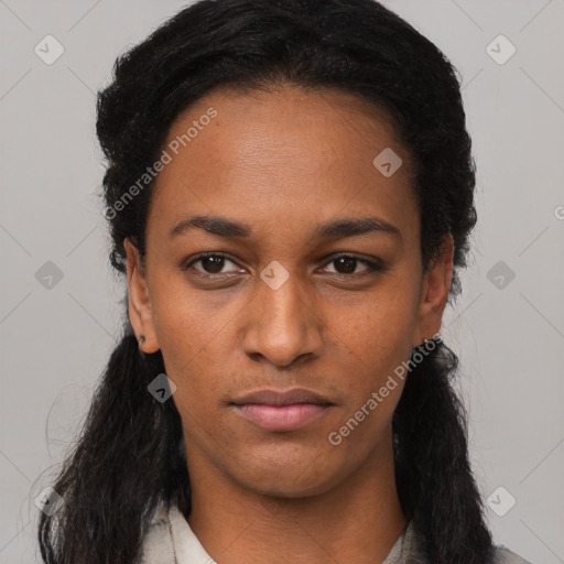 Neutral black young-adult female with long  black hair and brown eyes