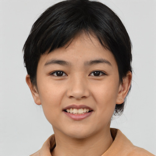 Joyful asian young-adult female with medium  black hair and brown eyes