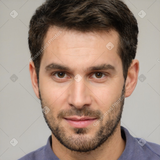 Neutral white young-adult male with short  brown hair and brown eyes