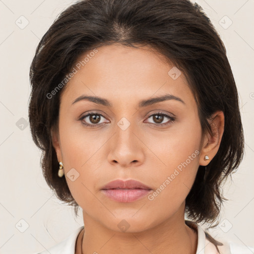 Neutral white young-adult female with medium  brown hair and brown eyes