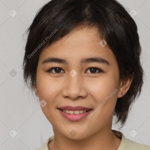 Joyful asian young-adult female with medium  brown hair and brown eyes