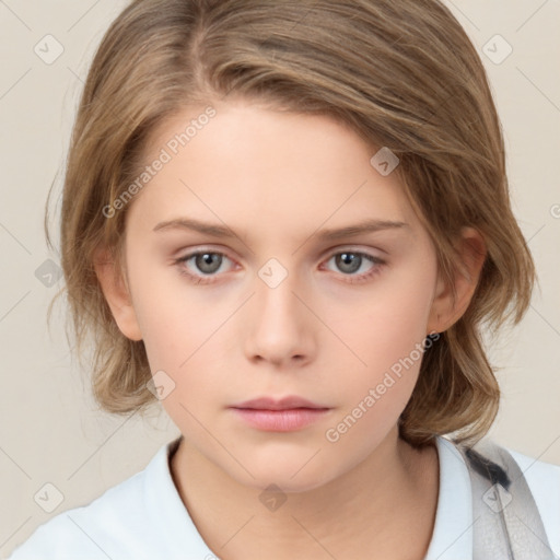 Neutral white young-adult female with medium  brown hair and grey eyes