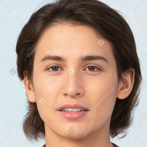 Joyful white young-adult female with medium  brown hair and brown eyes