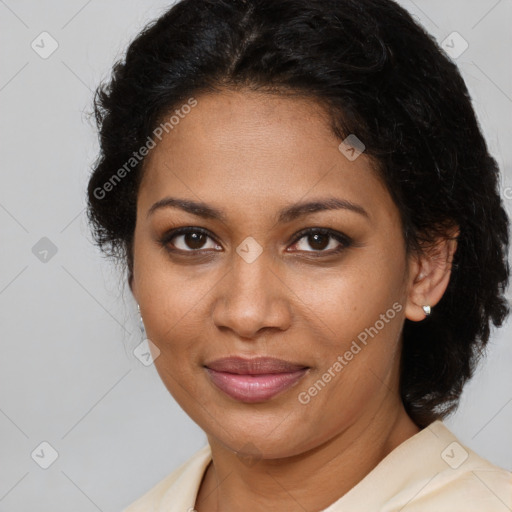 Joyful black young-adult female with medium  brown hair and brown eyes