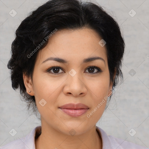 Joyful asian young-adult female with medium  black hair and brown eyes