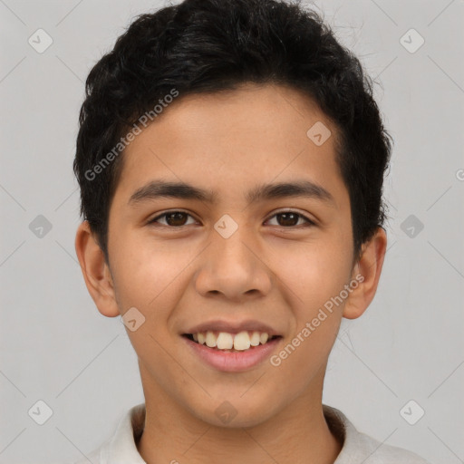 Joyful latino young-adult male with short  brown hair and brown eyes