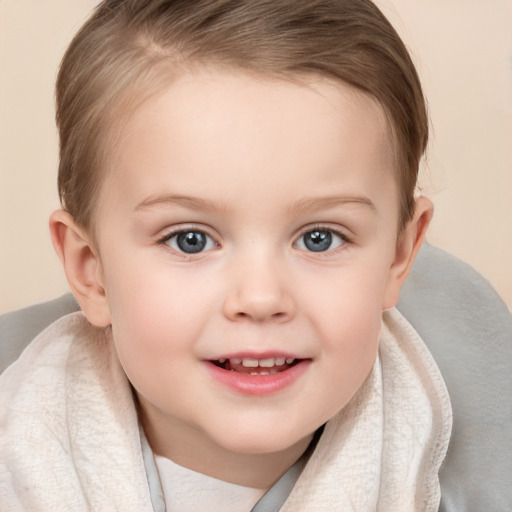 Joyful white child female with medium  brown hair and blue eyes