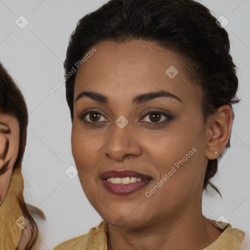 Joyful latino young-adult female with medium  brown hair and brown eyes