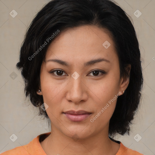 Joyful latino young-adult female with medium  brown hair and brown eyes