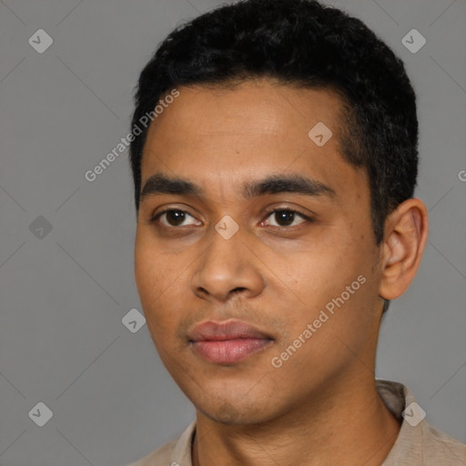 Neutral latino young-adult male with short  black hair and brown eyes