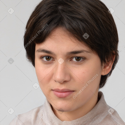 Neutral white young-adult female with medium  brown hair and brown eyes