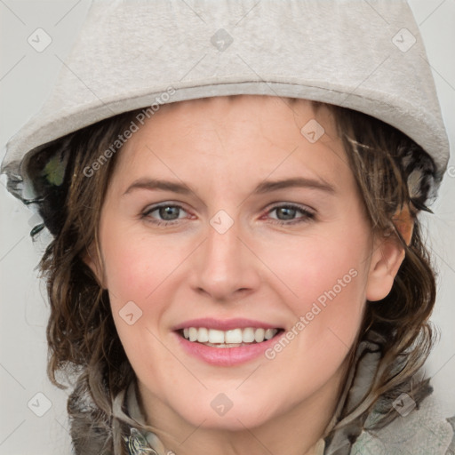 Joyful white young-adult female with medium  brown hair and blue eyes