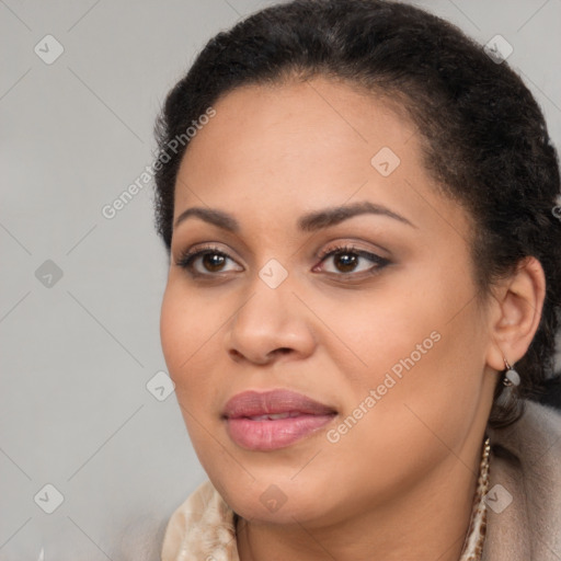 Joyful latino young-adult female with long  brown hair and brown eyes