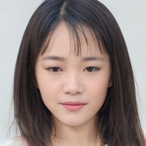 Neutral asian child female with long  brown hair and brown eyes