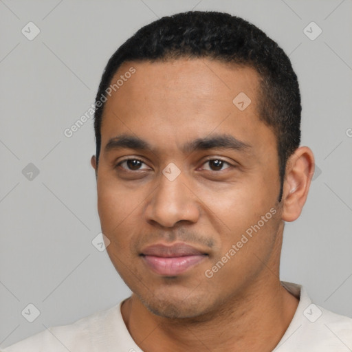 Neutral latino young-adult male with short  black hair and brown eyes