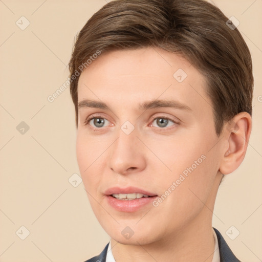 Neutral white young-adult male with short  brown hair and brown eyes