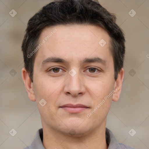 Neutral white young-adult male with short  brown hair and brown eyes