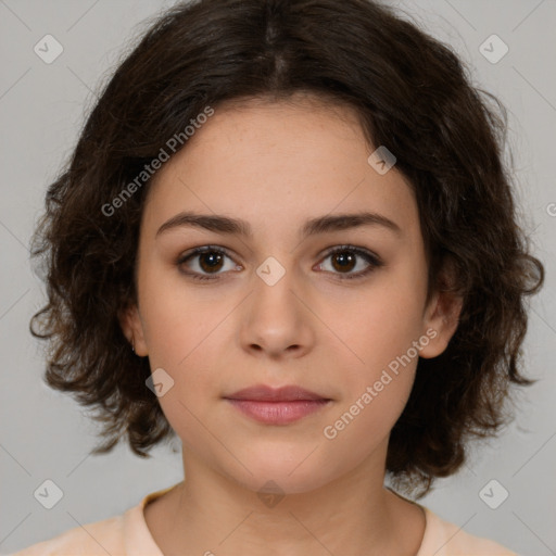 Neutral white young-adult female with medium  brown hair and brown eyes