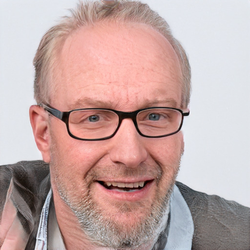 Joyful white middle-aged male with short  gray hair and blue eyes