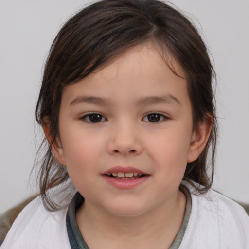 Joyful white child female with medium  brown hair and brown eyes